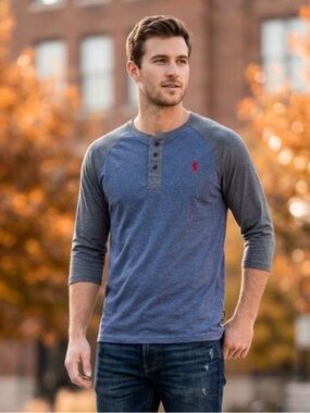 Gongshow Gray Raglan Henley Shirt with Red  Embroidery - hockey apparel